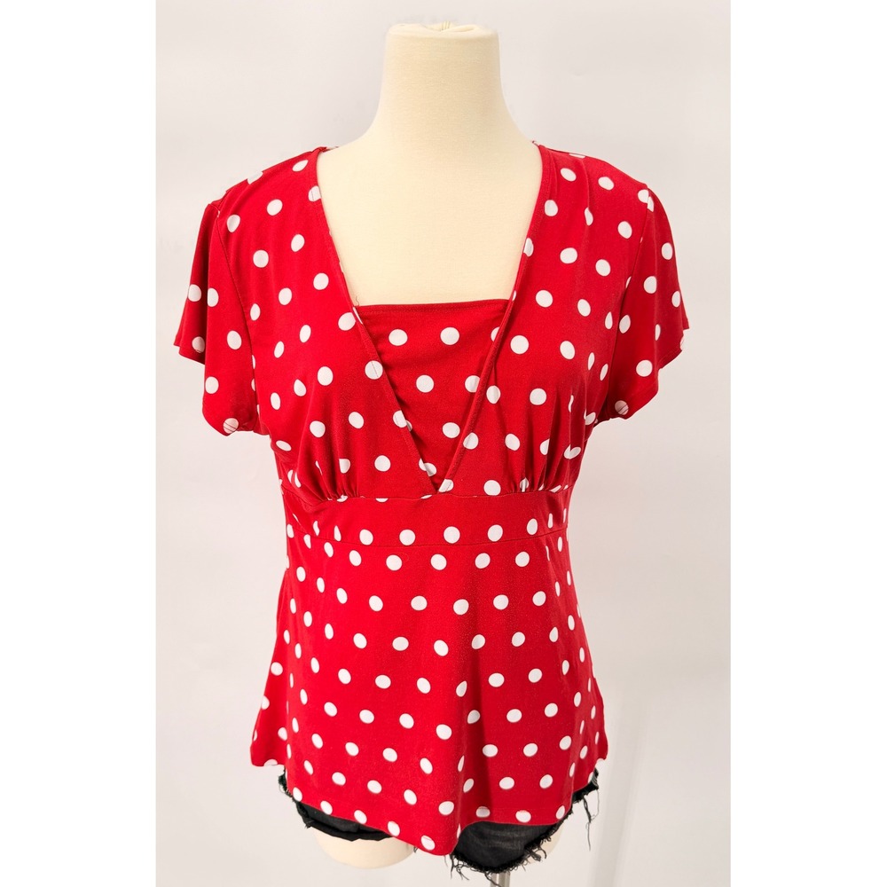 Nine & Co Polka Dot Top Womens Large Red Retro Empire Waist V-Neck Blouse